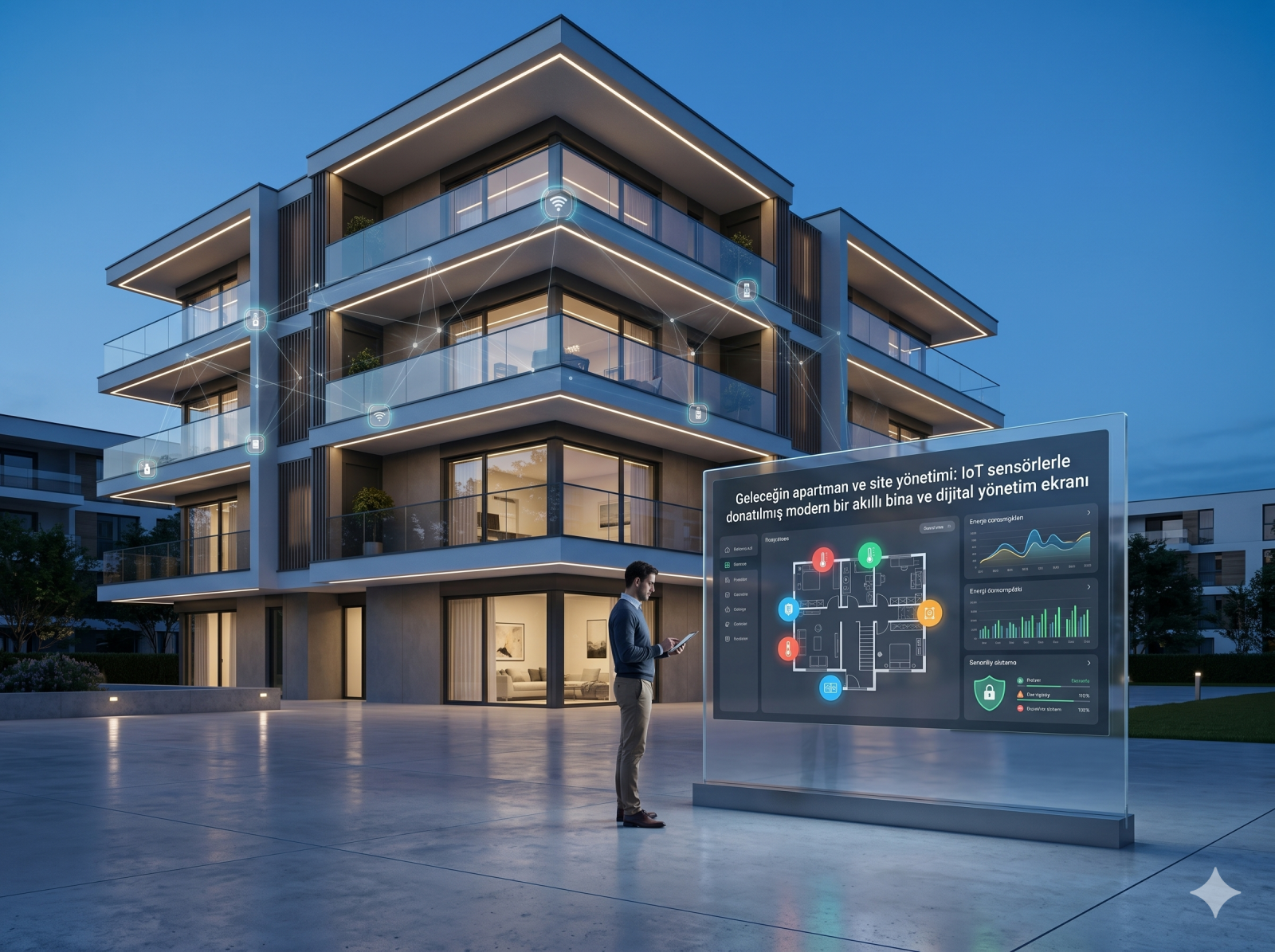 Geleceğin apartman ve site yönetimi: IoT sensörlerle donatılmış modern bir akıllı bina ve dijital yönetim ekranı